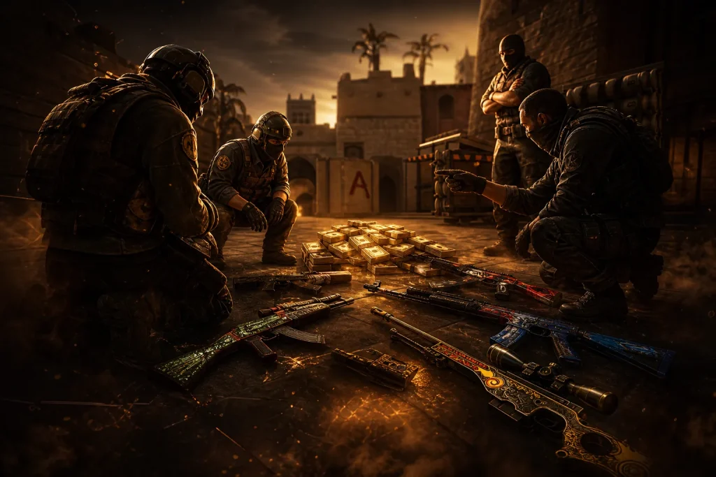 CS2 team discussing buys on Mirage with money overlay and rifles on the ground