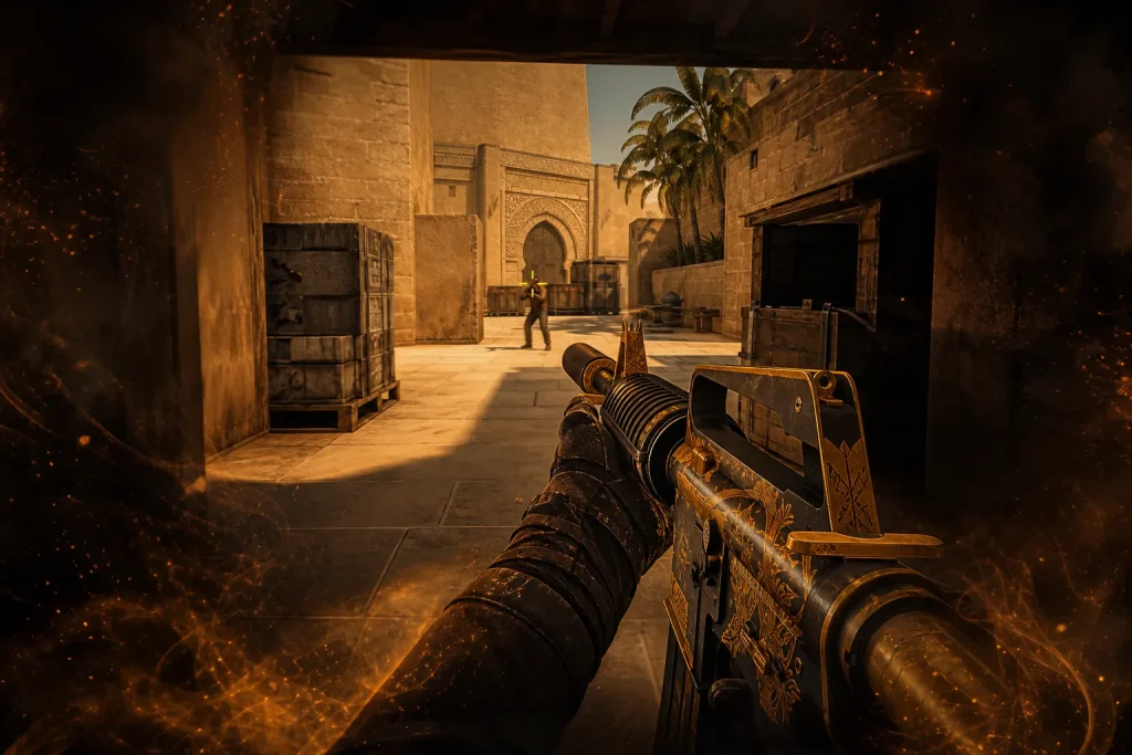 CS2 player practicing aim drills on Mirage with crosshair at head level