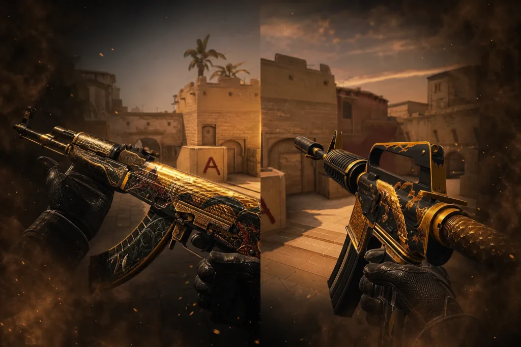 CS2 AK-47 and M4A1-S side by side on Mirage mid with HUD stats