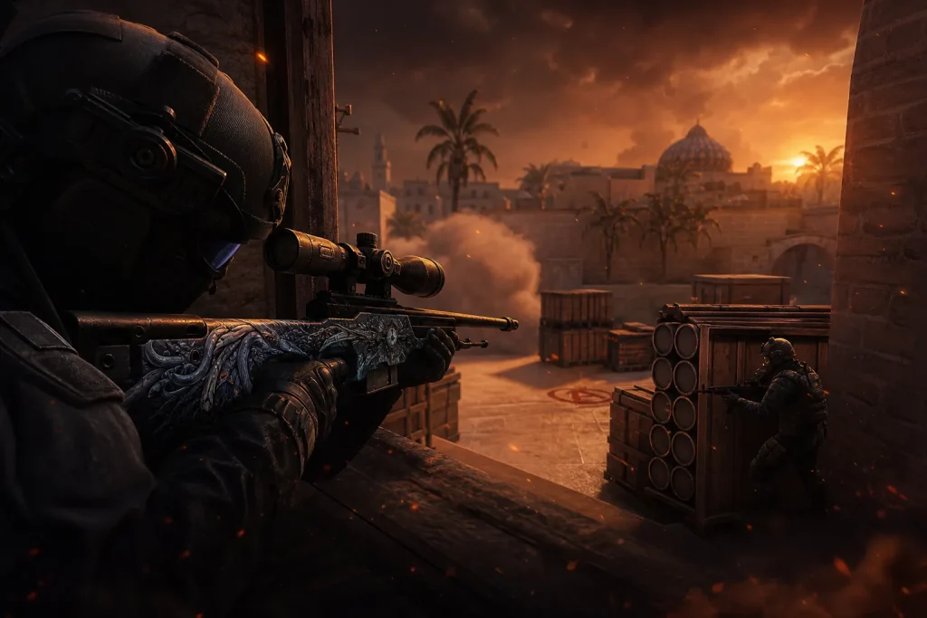 CT AWP holding mid on Mirage while a rifle anchor defends bombsite B in CS2