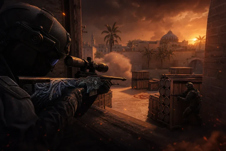 CT AWP holding mid on Mirage while a rifle anchor defends bombsite B in CS2