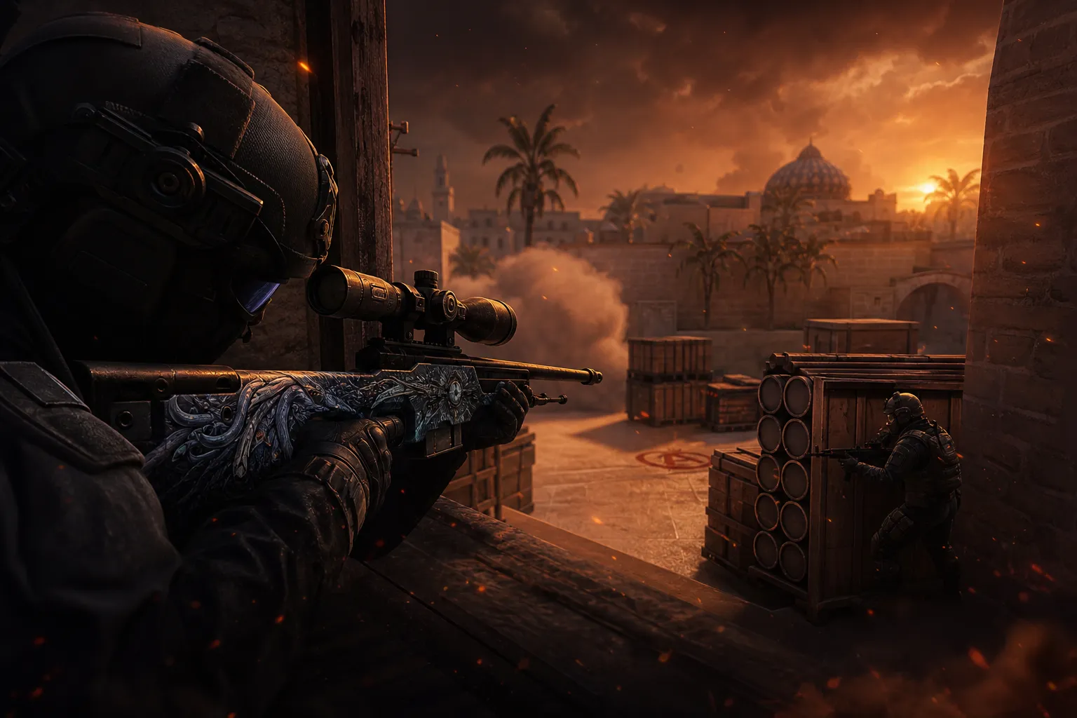 CT AWP holding mid on Mirage while a rifle anchor defends bombsite B in CS2
