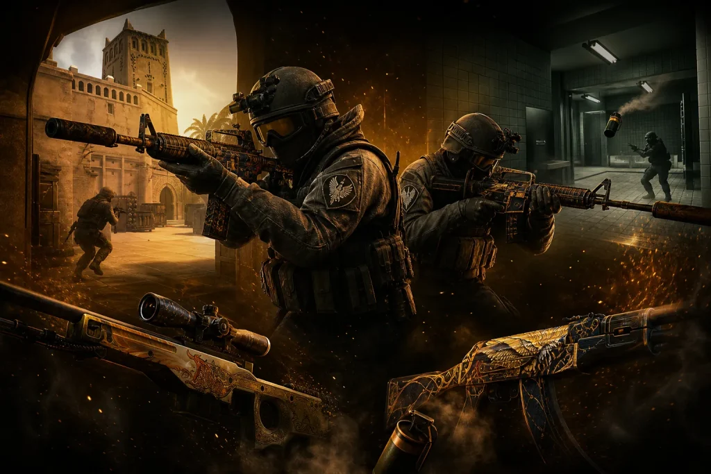 CTs holding Mirage mid and Overpass Bathrooms with rifles and utility