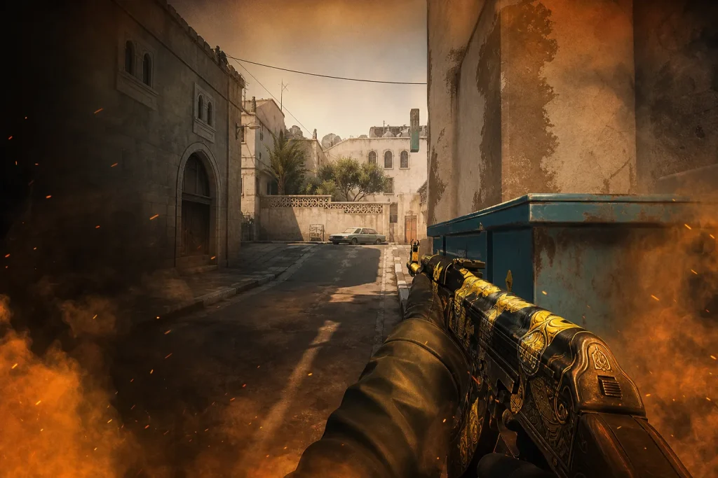 CS2 player counter-strafing on Dust2 Long A near blue bin with crosshair aimed at car