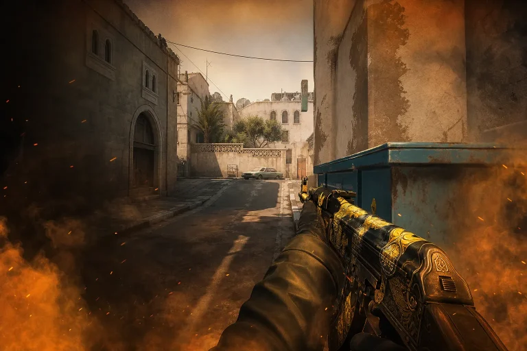 CS2 player counter-strafing on Dust2 Long A near blue bin with crosshair aimed at car