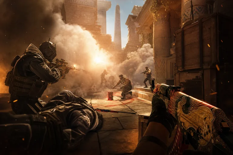 CT and T players clashing on Anubis B site with smokes, flashes, and bomb plant setup