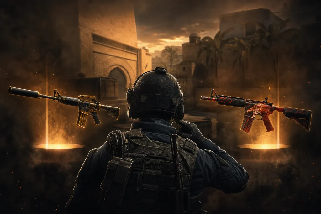 CS2 CT player choosing between M4A1-S and M4A4 on Mirage
