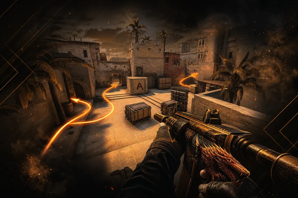 CS2 Mirage A site with arrows showing B Apps and Palace entry paths