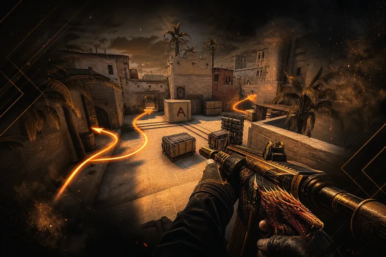 CS2 Mirage A site with arrows showing B Apps and Palace entry paths