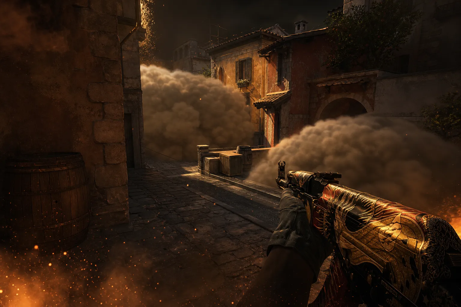 CS2 Inferno banana with smoke grenades blocking top banana and coffins during a T-side take