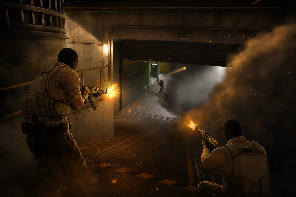 CS2 Nuke ramp fight with smoke, flash, and two Ts trading into the lower ramp entrance