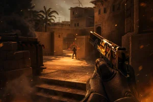 CS2 player holding a Deagle on Mirage mid with a rifle enemy in crosshair