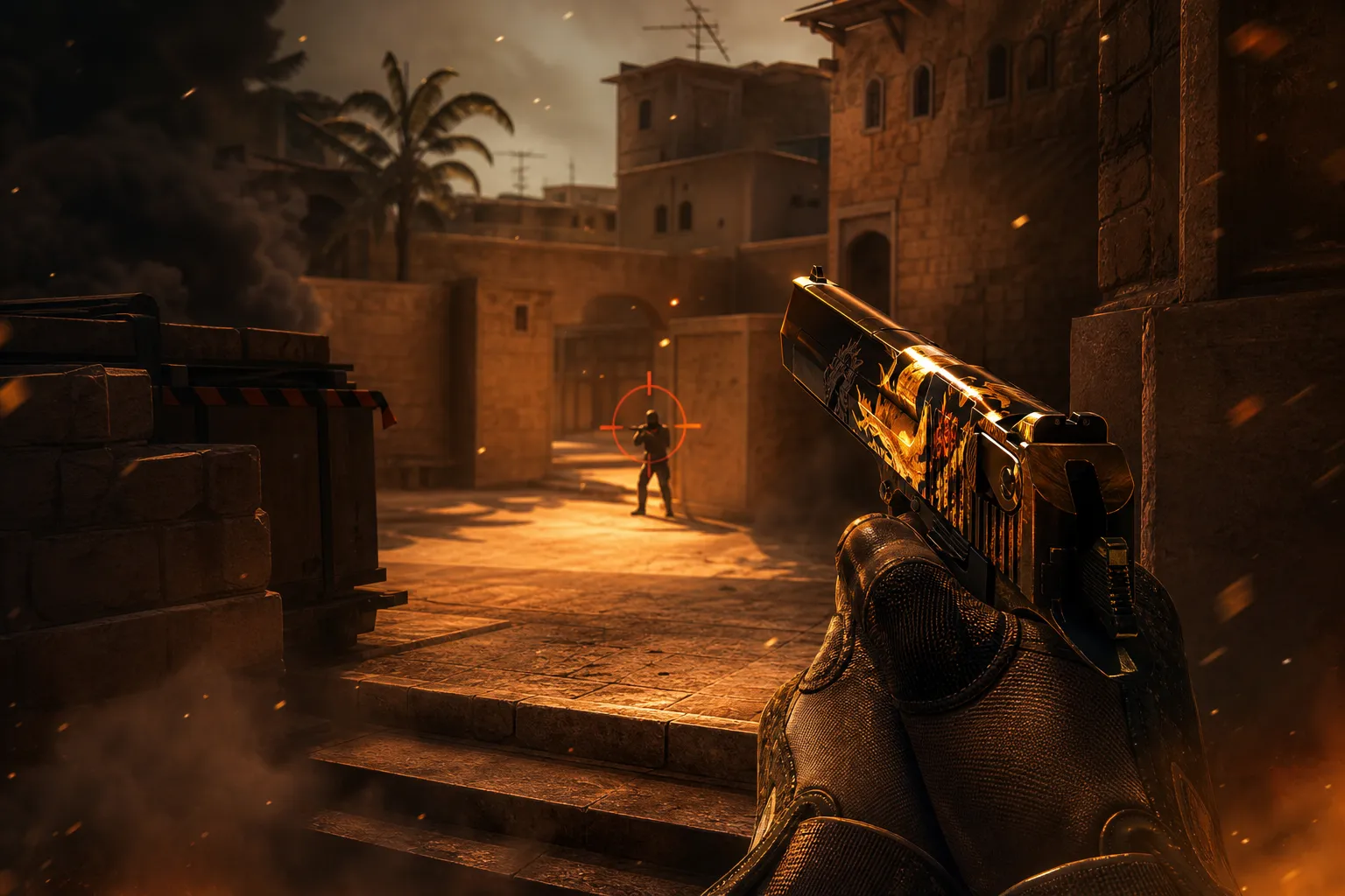 CS2 player holding a Deagle on Mirage mid with a rifle enemy in crosshair