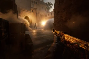 CS2 player dry peeking Mirage mid into a smoked and flashed crossfire