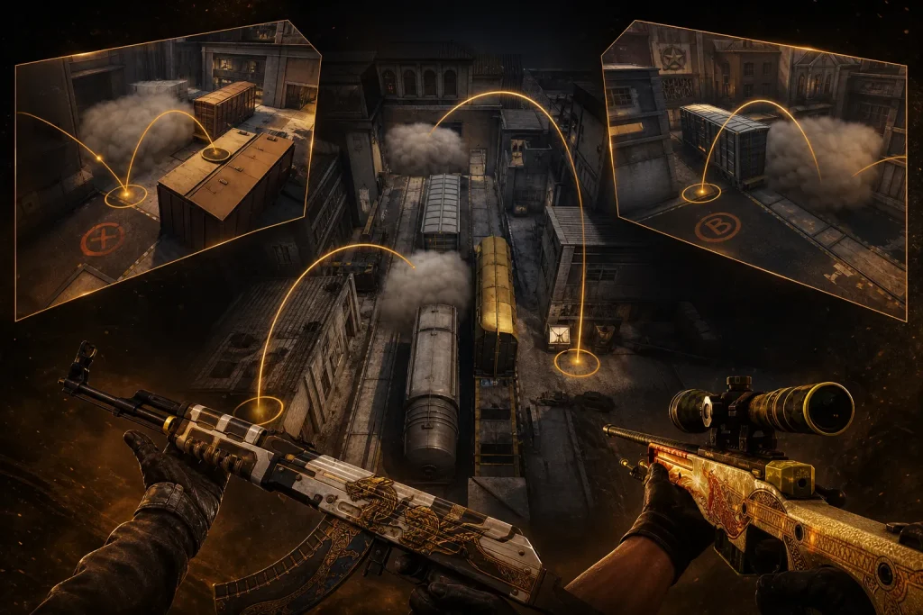 CS2 Train overview showing A site, B site, and smoke lineups across the lanes