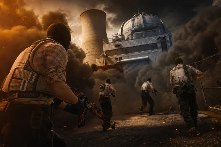 CS2 Nuke T-side team executing outside with smokes toward Yard and secret
