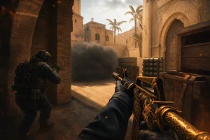 CT player rotating from connector to A site on Mirage with smoke and minimap visible