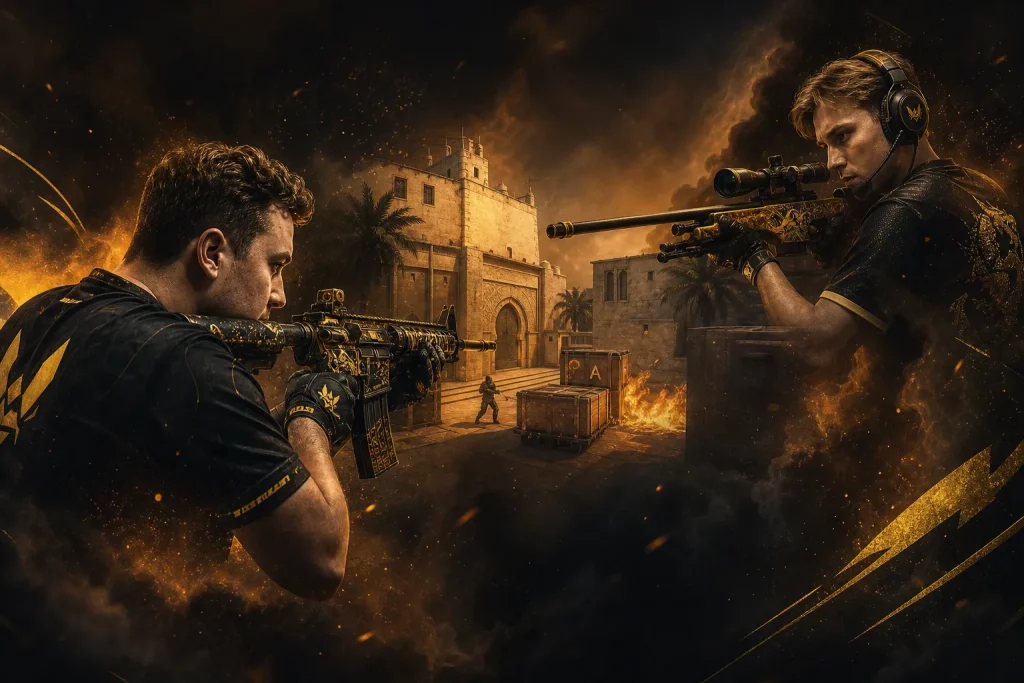 ZywOo and m0NESY facing off in CS2 with rifle and AWP action on Mirage